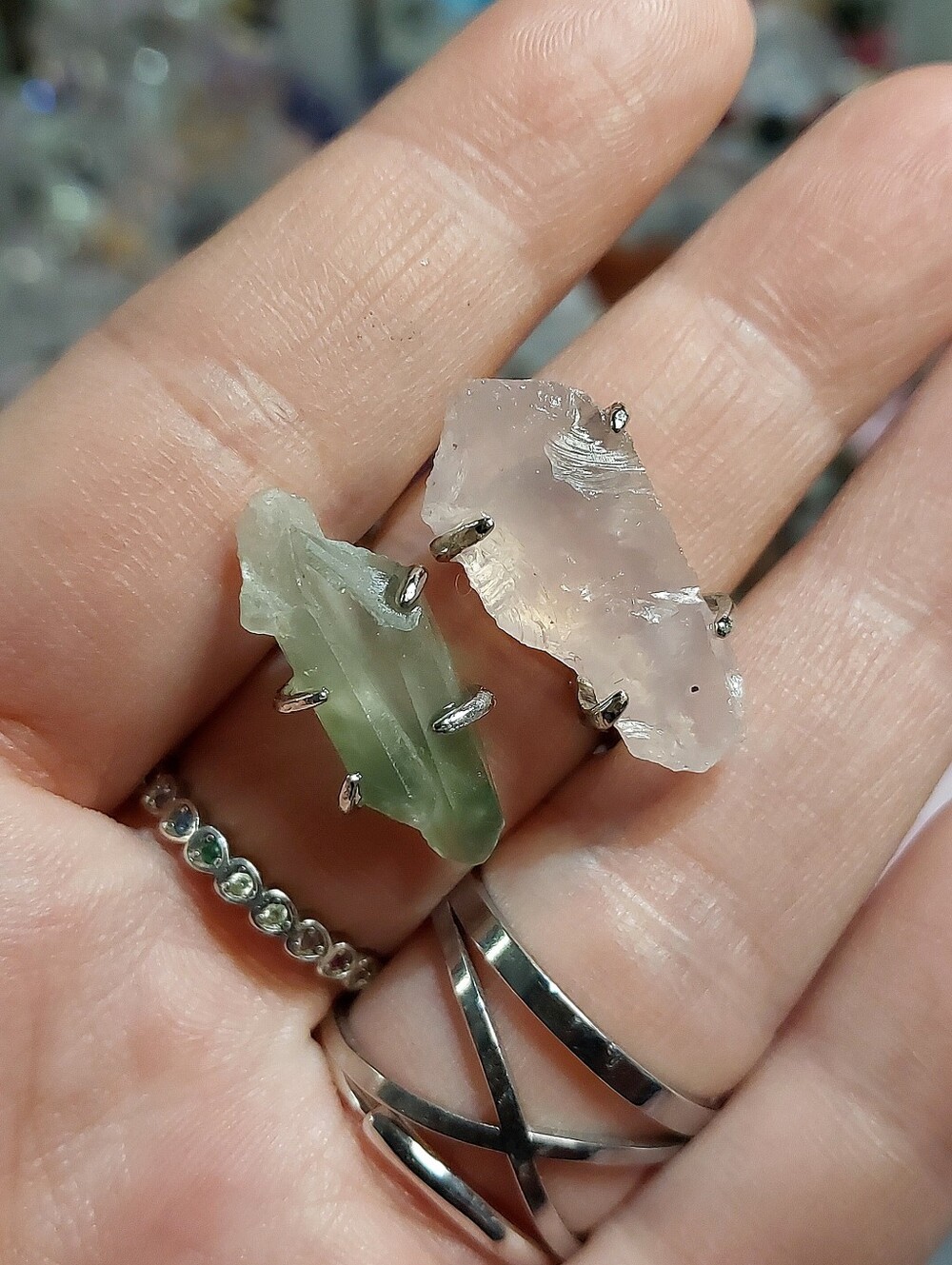 🪨⚒️ Duel Specimen Raw Azeztulite Rose Quartz & Prasiolite Copper Ring